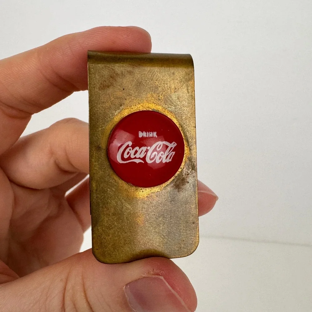 Vtg Coca Cola Coke Soda Merch w Red Logo Money Clip Brass Gold Color Metal Aged